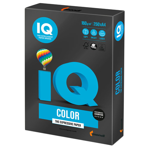 Бумага цветная IQ color, А4, 160 г/м2, 250 л., интенсив, черная, В100, B100