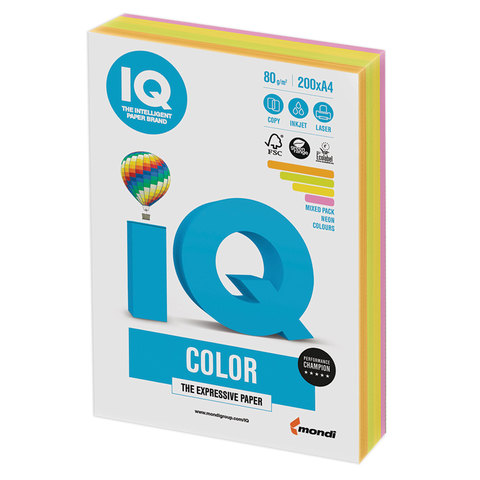 Бумага цветная IQ color, А4, 80 г/м2, 200 л., (4 цвета x 50 листов), микс неон, RB04