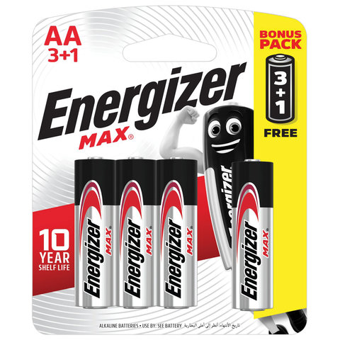 Батарейки КОМПЛЕКТ 4 шт., ENERGIZER Max, ПРОМО 3+1, AA (LR06, 15А), алкалиновые, пальчиковые, блистер, E300247800S