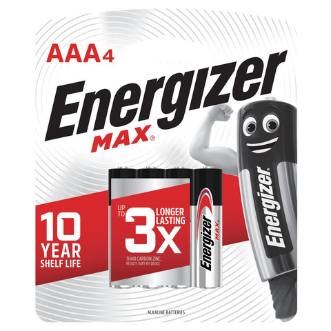 Батарейки КОМПЛЕКТ 4 шт., ENERGIZER Max, AAA (LR03, 24А), алкалиновые, мизинчиковые, блистер, E300157304