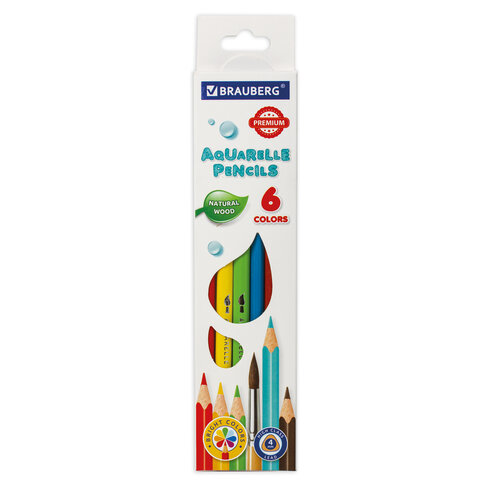 Карандаши цветные акварельные BRAUBERG PREMIUM AQUARELLE, 6 цветов, грифель мягкий 4 мм, 181670.