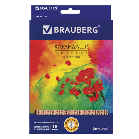 Карандаши цветные BRAUBERG "Цветы", набор 18 цветов, трехгранные, лакированное дерево, 181289