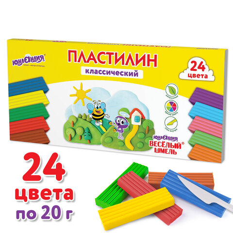 Пластилин классический ЮНЛАНДИЯ "ВЕСЁЛЫЙ ШМЕЛЬ", 24 цвета, 480 грамм, стек, ВЫСШЕЕ КАЧЕСТВО, 106433