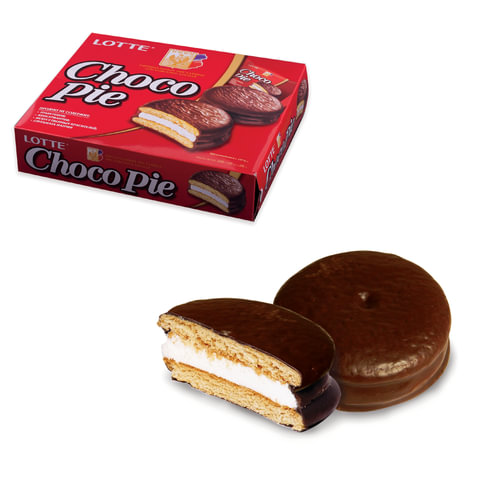 Печенье LOTTE "Choco Pie" ("Чоко Пай"), прослоенное, глазированное, в картонной упаковке, 336 г (12 штук х 28 г)