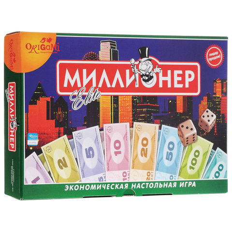 Игра настольная "Миллионер Elite", игровое поле, банкноты, жетоны, акции, полисы, ORIGAMI, 00111