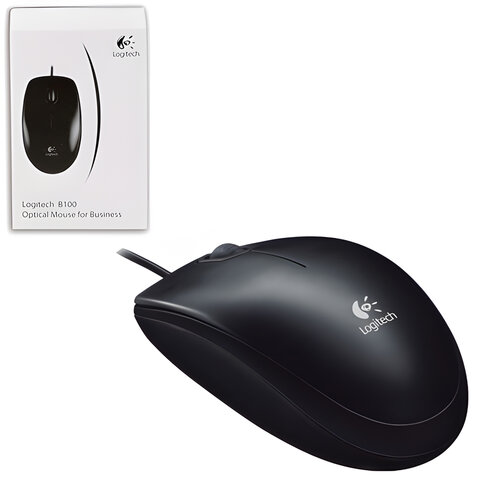 Мышь проводная LOGITECH B100, USB, 2 кнопки + 1 колесо-кнопка, оптическая, черная, 910-003357