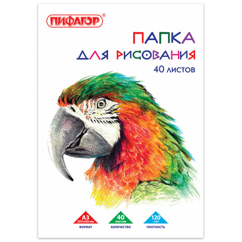 Папка для рисования БОЛЬШОГО ФОРМАТА А3, 40 л., 120 г/м2, ПИФАГОР, 297х420 мм, "Попугай", 129219